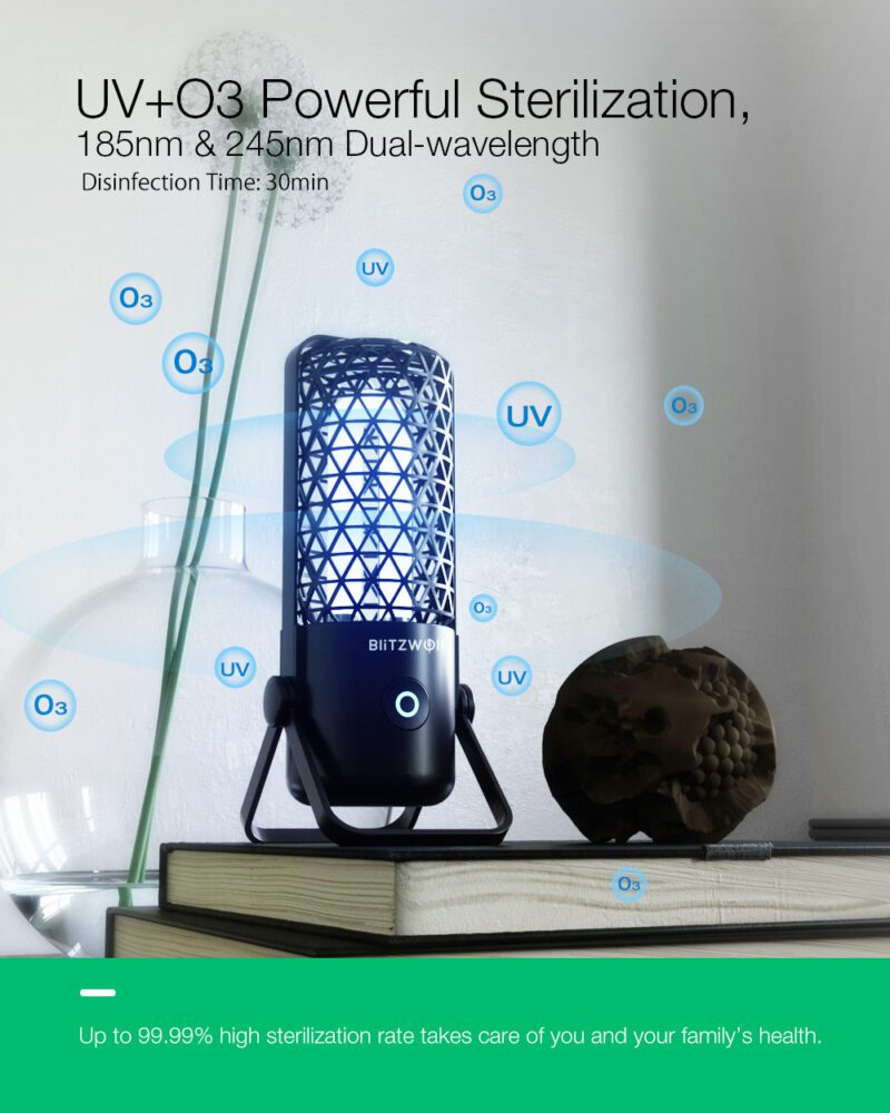Akkukäyttöinen BlitzWolf UVC Dual aallonpituus loisteputki UV 245nm ja O3 185nm desinfiointiin desinfiointi O3