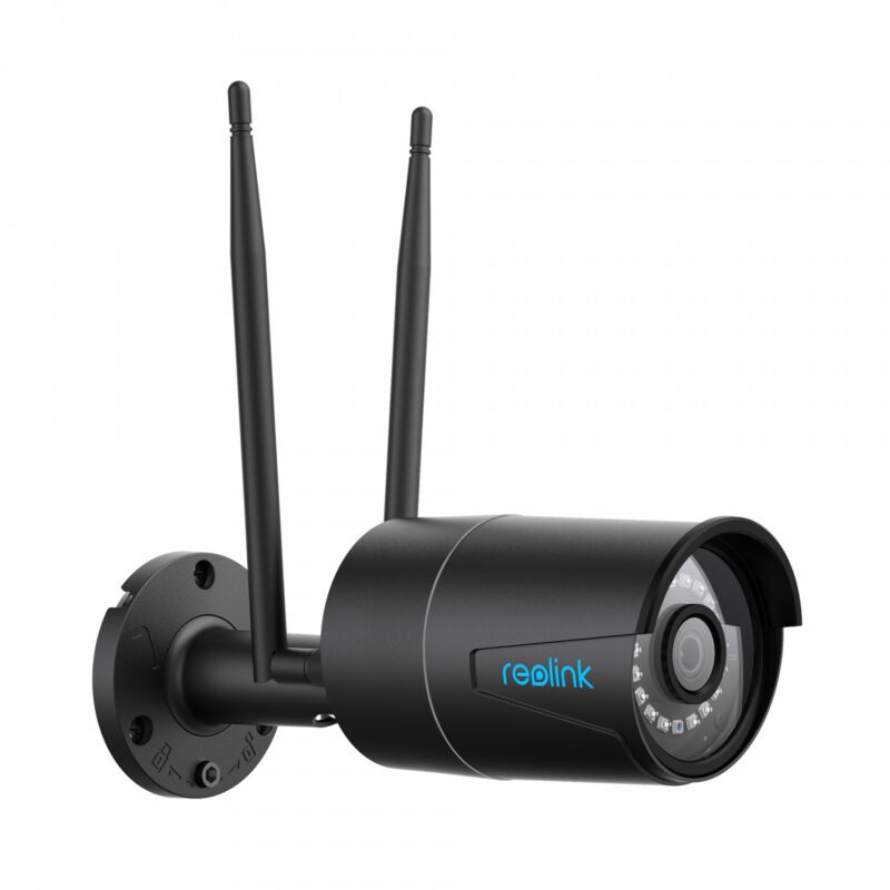 Musta Reolink RLC-410W WiFi ulkokamera sopii tummulle seinille ja kestää hyvin sään kuormitusta valvontakamera ulkokäyttöön musta
