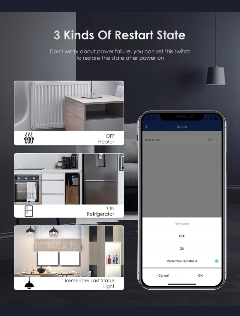 tuya virtakytkimen uudelleenkäynnistys tilat